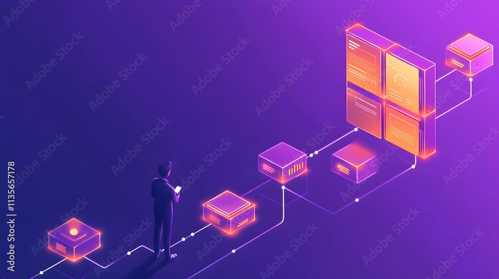 Poster A business professional introducing IoT productivity enhancements, with glowing 3D path diagrams and clear 2D timelines