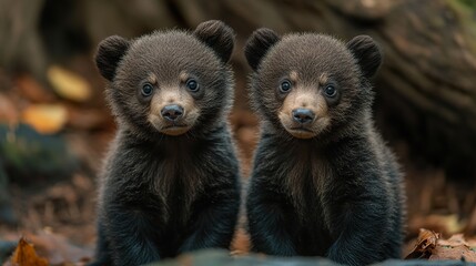 Fototapeta premium Two Adorable Brown Bear Cubs in the Forest