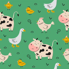 Childish seamless pattern with farm animals