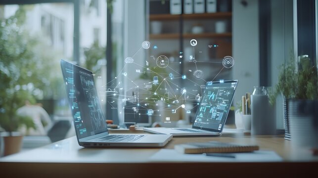 A modern workspace demo featuring IoT-integrated tools, with layered 3D connections and summarized 2D workflows