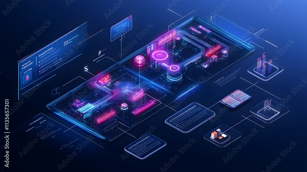 Poster A professional presenting a futuristic IoT dashboard, featuring glowing 3D data pathways and clear 2D task breakdowns