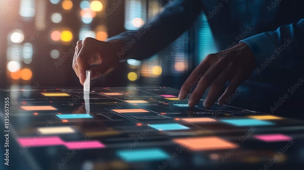 Poster A professional introducing IoT-driven team management tools, with vibrant 3D paths and minimal 2D task cards