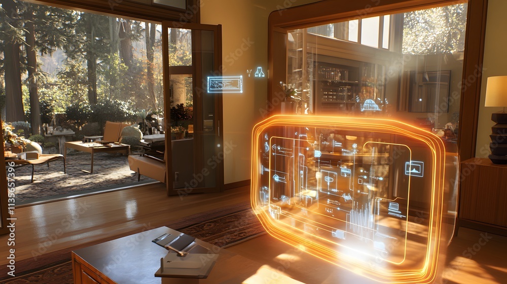 Aufkleber A corporate tech demo featuring IoT devices with dynamic 3D glowing task paths and simple 2D breakdowns