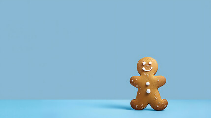 Smiling Gingerbread Man Cookie on Minimal Blue Background