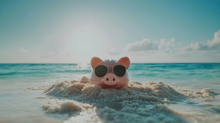 Piggy bank wearing sunglasses on a tropical beach, symbolizes saving for a vacation.