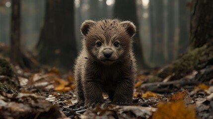 Obraz premium Adorable Bear Cub in the Forest: A Captivating Wildlife Image