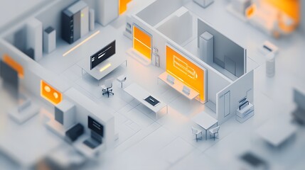 A corporate tech demo featuring IoT devices with dynamic 3D glowing task paths and simple 2D breakdowns