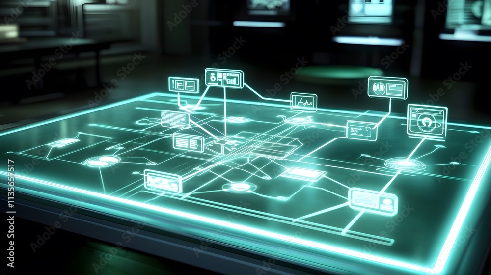 Poster A futuristic IoT platform demonstration with glowing 3D workflow connections and clear 2D task highlights