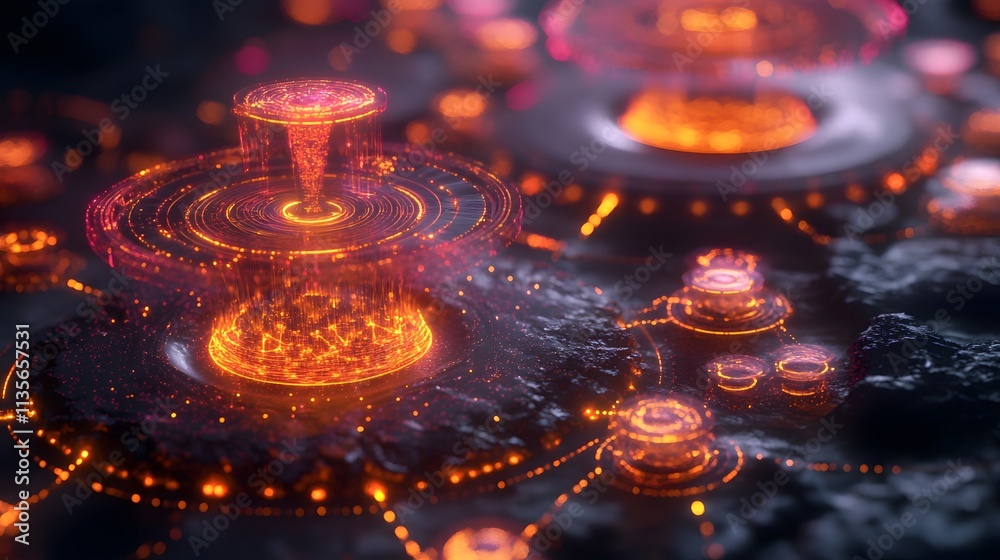 Poster A futuristic IoT platform demonstration with glowing 3D workflow connections and clear 2D task highlights