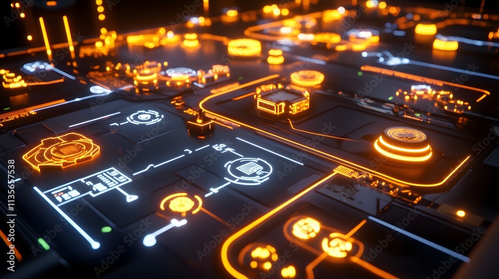 Poster A futuristic IoT platform demonstration with glowing 3D workflow connections and clear 2D task highlights
