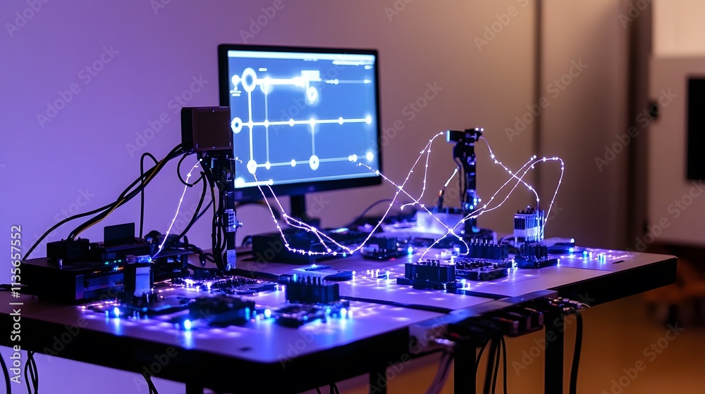 Aufkleber A demonstration of IoT-powered tools with glowing 3D pathways and dynamic 2D task summaries, exuding clarity and precision