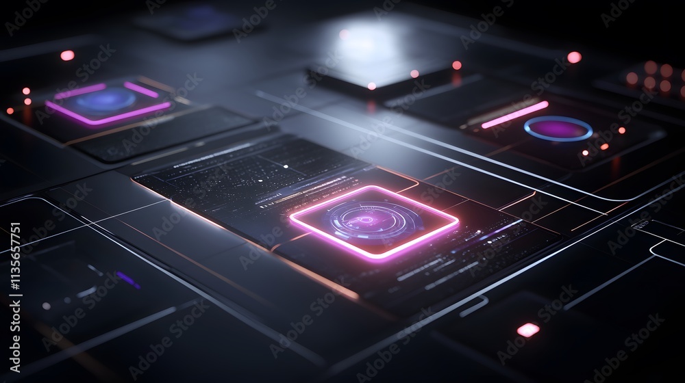 Aufkleber A futuristic demo of IoT productivity systems with glowing 3D paths and dynamic 2D task summaries
