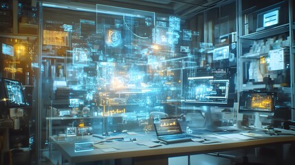 Fototapeta premium A professional introducing IoT-driven tools with vibrant 3D task connections and compact 2D data layouts