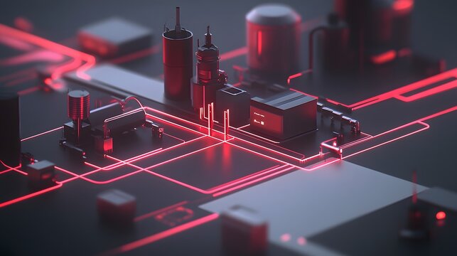A sleek presentation of IoT-enabled workflows with animated 3D glowing paths and minimalistic 2D summaries