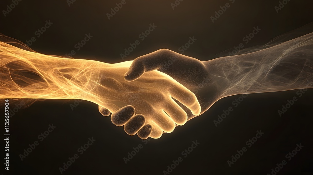 Poster a glowing handshake rendered in gradient earthy tones of light brown and muted gray, representing pr