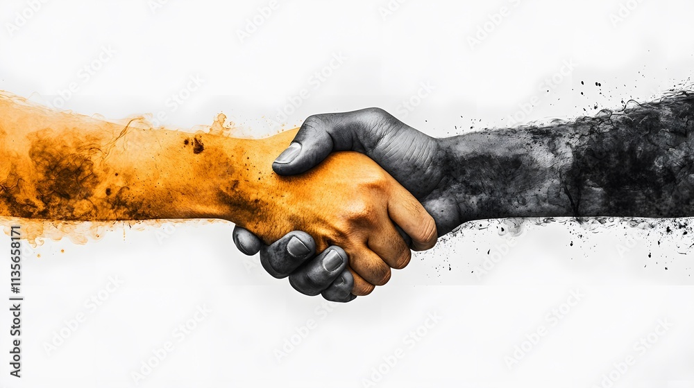 Poster A clean handshake symbol in warm ochre and charcoal gray tones, representing connection and agreement, no background