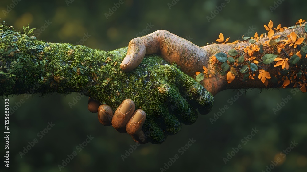 Poster a stylized handshake in rich terracotta and soft moss tones, symbolizing trust and unity, floating c