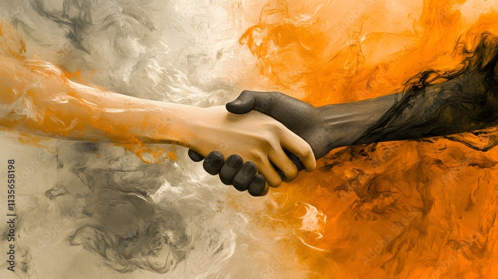 Poster a clean handshake symbol in warm ochre and charcoal gray tones, representing connection and agreemen