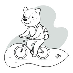 Cutest Anthropomorphic Pitbull Kid: Happy Cartoon Line Drawing Riding Bike - Vector Art