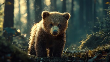 Obraz premium Adorable Brown Bear Cub in the Forest