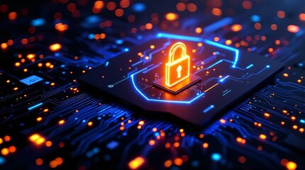 Cyber Security: Neon Padlock on Glowing Circuit Board, Abstract Digital Fortress, Data Protection Concept