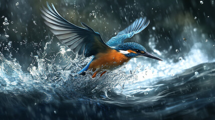 Kingfisher diving into water, splashing.