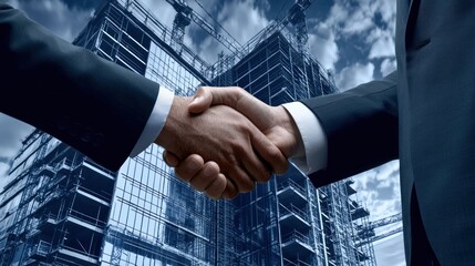 A businessman shaking hands with a colleague in front of a completed project, representing a successful partnership.