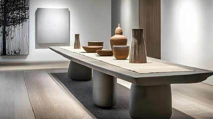 A sleek concrete dining table with a neutral gauze table runner and a handcrafted clay vase in organic shapes, set in a white room