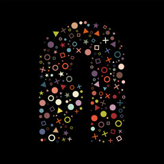 Letter A filled with colorful geometric figures on black background. Fillinger shapes alphabet A vector illustration.