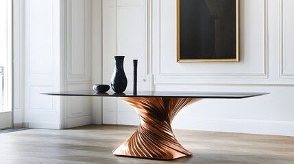 A modern dining table with a diagonal linen runner and a unique twisted metal vase, placed against clean white walls
