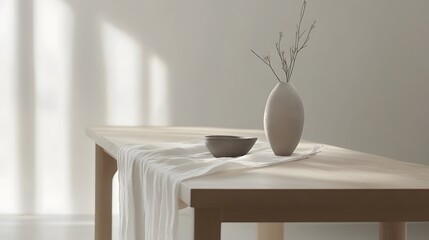 A minimalist dining table with a layered chiffon runner and a multi-textured ceramic vase, set in a bright white space