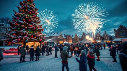 Obraz premium Three joyful children in winter coats play in the snow, holding a sparkling sparkler, with a glowing Christmas tree and festive lights in the background