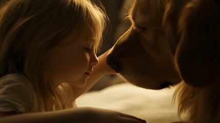 A shy child slowly reaching out to touch the nose of a gentle therapy dog, their connection captured in tender detail. 4k resolution, Cinematic Scene