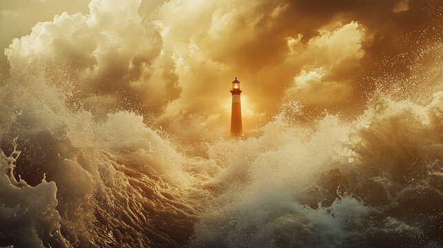 Lighthouse amidst stormy ocean waves at sunset.