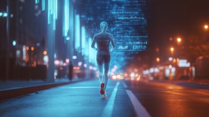 Runner in futuristic city at night, digital data overlay.