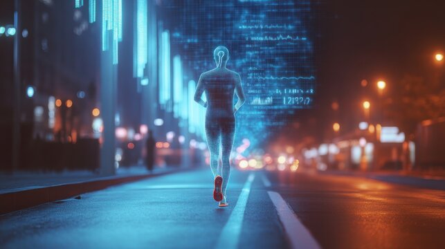 Runner in futuristic city at night, digital data overlay.