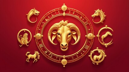 Golden Zodiac Wheel Displays Ram and Other Celestial Animals