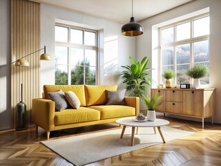 Modern Scandinavian Living Room with Yellow Sofa - AI Photo