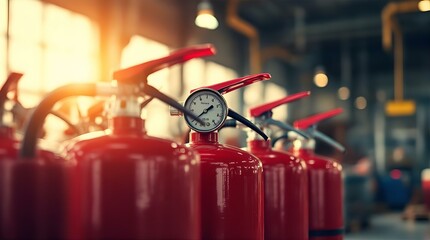 Row of Red Fire Extinguishers in Industrial Setting, Close-up View of Pressure Gauge, Warm Sunlight