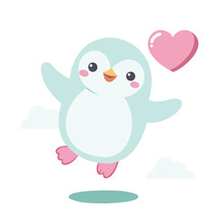 Cute Valentine Penguin Illustration with Heart Balloon