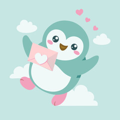 Cute Valentine Penguin Illustration with Heart Balloon