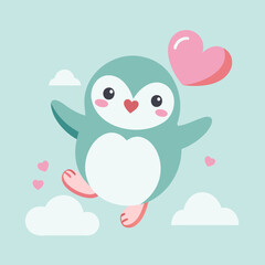 Cute Valentine Penguin Illustration with Heart Balloon