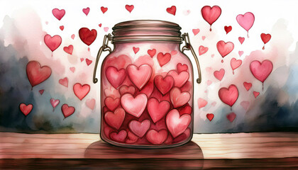 Watercolor Jar Filled with Pink and Red Hearts