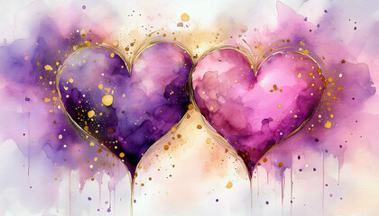 Watercolor Illustration of Two Hearts in Shades of Pink and Purple