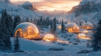 Futuristic geodesic dome homes nestled in a snowy mountain valley at sunset.