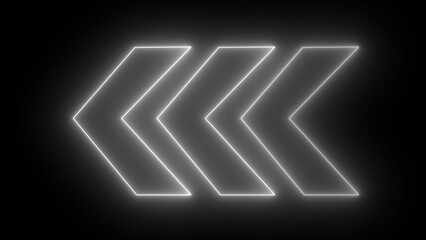White neon swipe arrow pointing to left and moving on black background. Glowing left directional traffic arrows transitional arrow navigation
