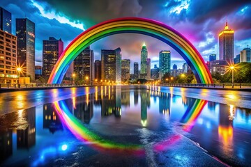 Obraz premium Rainbow Pride Night Photography AI Art, LGBTQ+ Pride, Abstract Rainbow, Night Sky, Cityscape, Colorful, Pride Month, LGBTQ, Diversity, Inclusion, Celebration