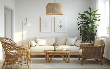 Bright minimalist living room with beige sofa, rattan chairs, wooden coffee table, and plants.
