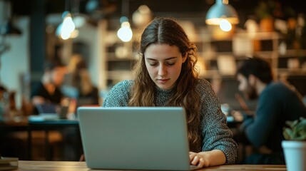 Fototapeta premium woman using laptop in cafe steadicam
