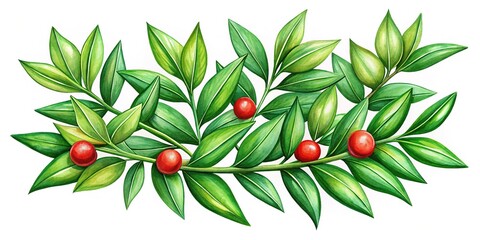 Fototapeta premium Ruscus Sprig Illustration, Green Leaves, Copy Space, Botanical Art